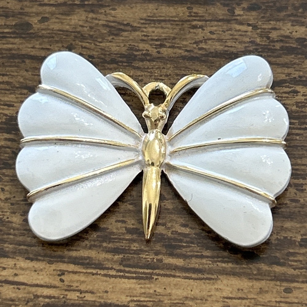Vintage White Enamel Butterfly Pendant Gold Tone Large Statement Jewelry
